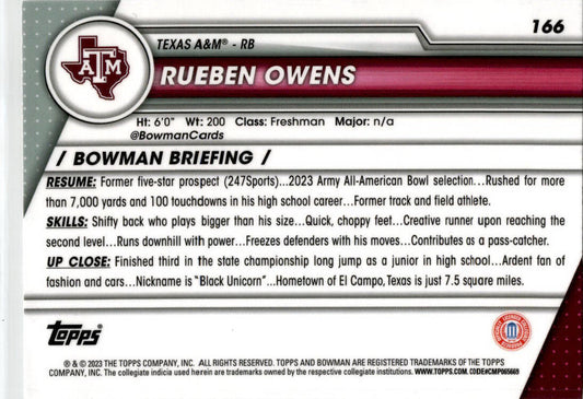 2023 Bowman University Chrome #166 Rueben Owens Texas A&M Aggies