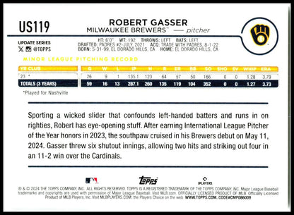 2024 Topps Update #US119 Robert Gasser Rookie Milwaukee Brewers