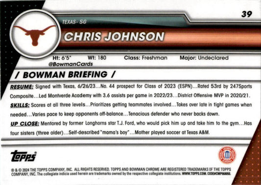 2023-24 Bowman University Chrome #39 Chris Johnson 1st Texas Longhorns