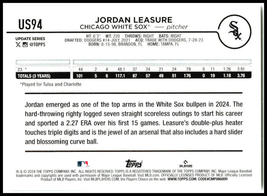 2024 Topps Update #US94 Jordan Leasure Rookie Chicago White Sox