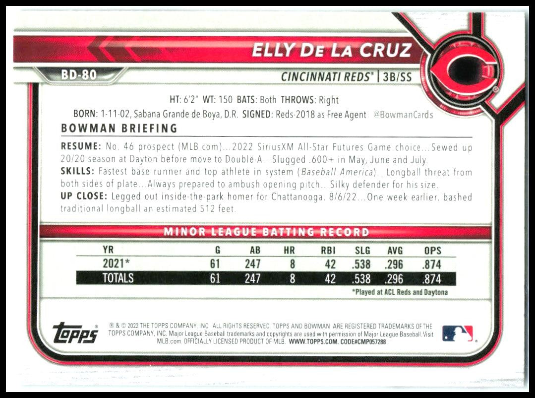 2022 Bowman Draft #BD-80 Elly De La Cruz Cincinnati Reds