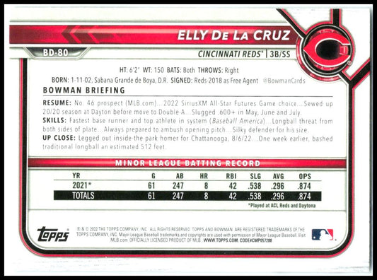 2022 Bowman Draft #BD-80 Elly De La Cruz Cincinnati Reds