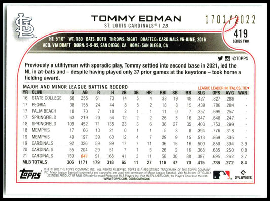 2022 Topps Gold #419 Tommy Edman #/2022 St. Louis Cardinals