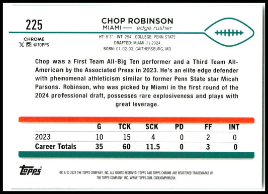 2024 Topps Chrome #225 Chop Robinson Rookie Miami Dolphins