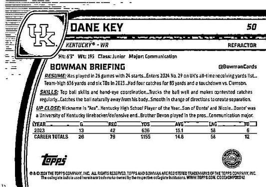 2024 Bowman University Chrome Refractor #50 Dane Key Kentucky Wildcats