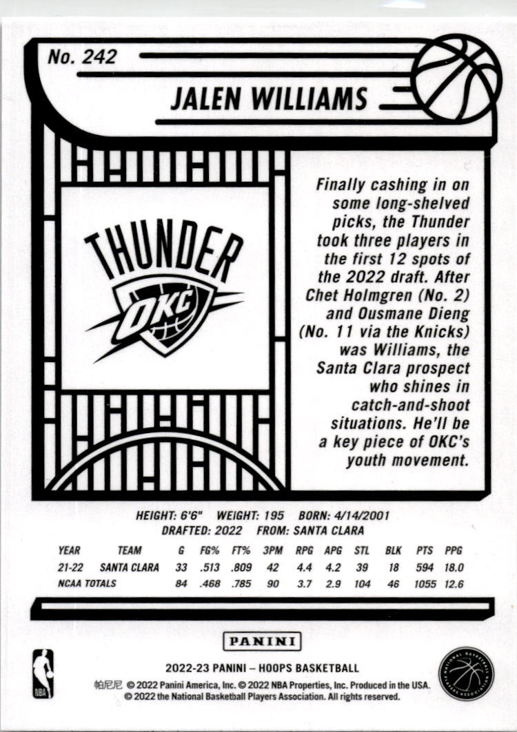 2022-23 Hoops #242 Jalen Williams Rookie Rookie Oklahoma City Thunder