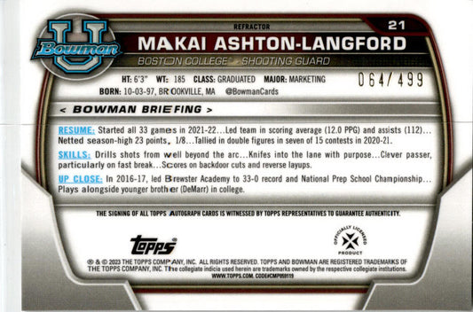 Bowman Chrome University Refractor #21 Makai Ashton-Langford Auto BC /499