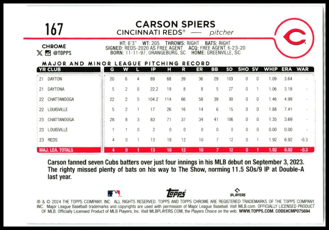 2024 Topps Chrome #167 Carson Spiers Rookie Cincinnati Reds
