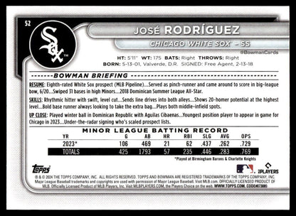 2024 Bowman #52 Jose Rodriguez RC Chicago White Sox
