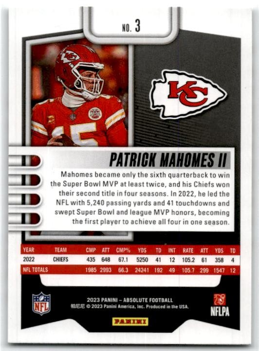 2023 Panini Absolute Purple #3 Patrick Mahomes II Kansas City Chiefs