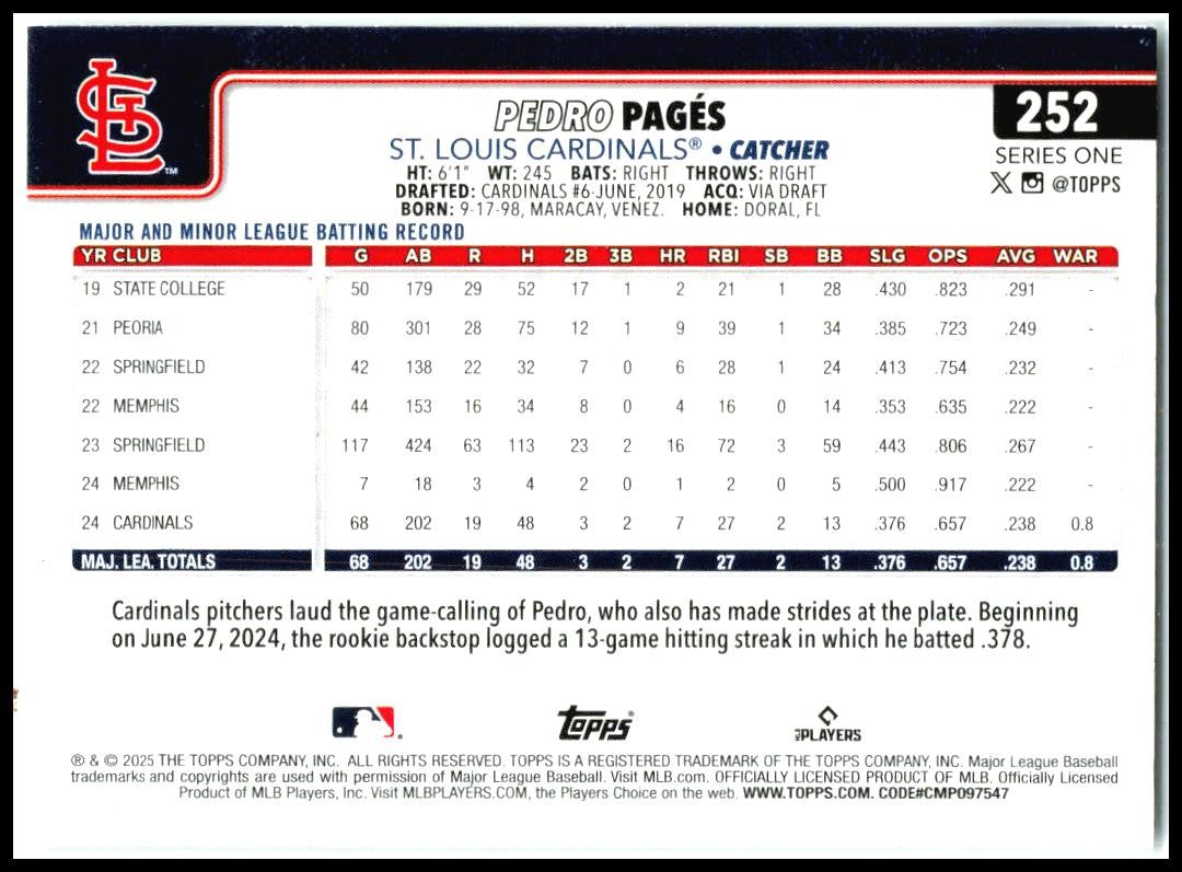2025 Topps #252 Pedro Pagés St. Louis Cardinals