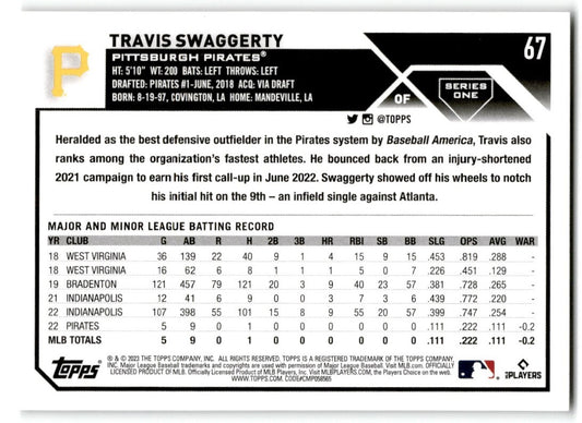 2023 Topps Travis Swaggerty Rookie Pittsburgh Pirates #67