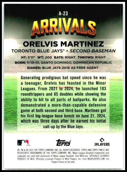 2025 Topps Finest Blue Arrivals /99 #A-23 Orelvis Martinez Rookie Blue Jays