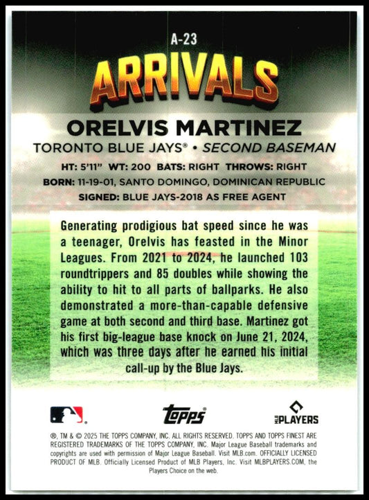2025 Topps Finest Blue Arrivals /99 #A-23 Orelvis Martinez Rookie Blue Jays