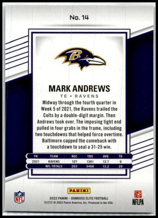 2022 Donruss Elite #14 Mark Andrews Baltimore Ravens