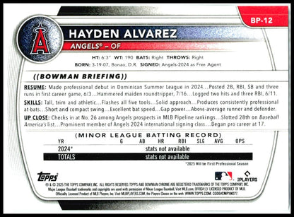 2025 Bowman Prospects #BP-12 Hayden Alvarez Los Angeles Angels