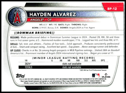 2025 Bowman Prospects #BP-12 Hayden Alvarez Los Angeles Angels