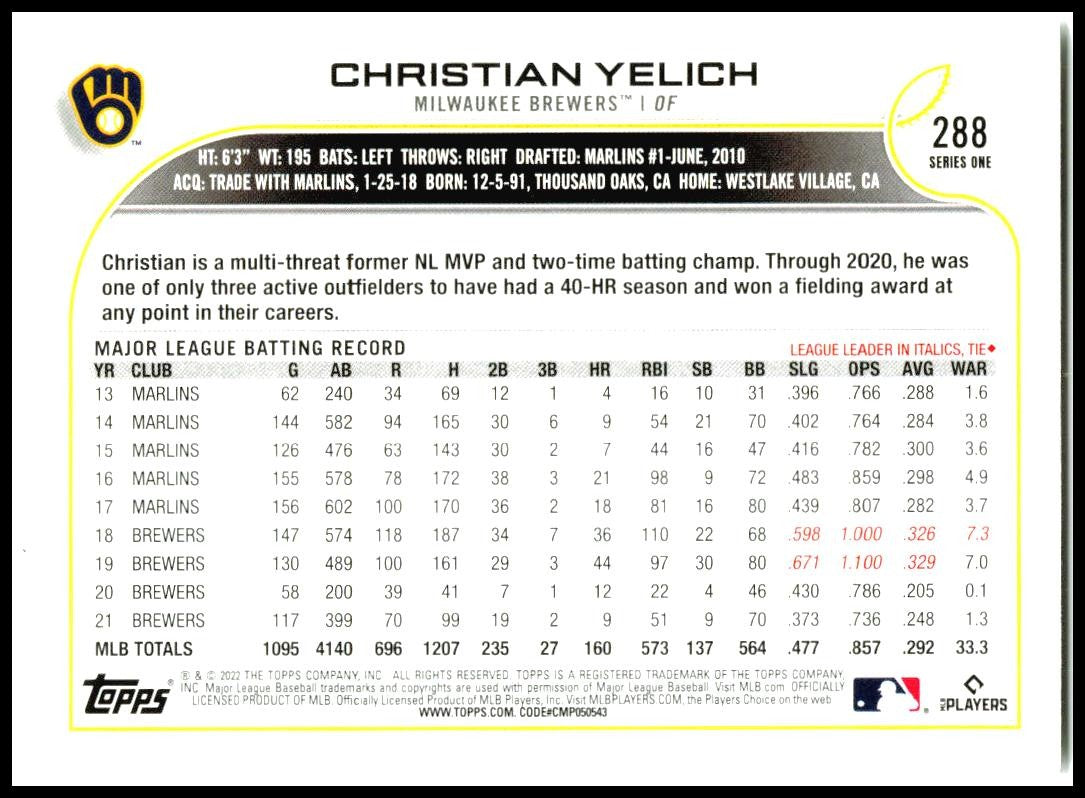 2022 Topps #288 Christian Yelich  Milwaukee Brewers