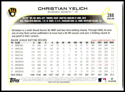 2022 Topps #288 Christian Yelich  Milwaukee Brewers