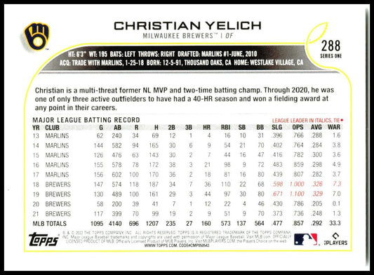 2022 Topps #288 Christian Yelich  Milwaukee Brewers