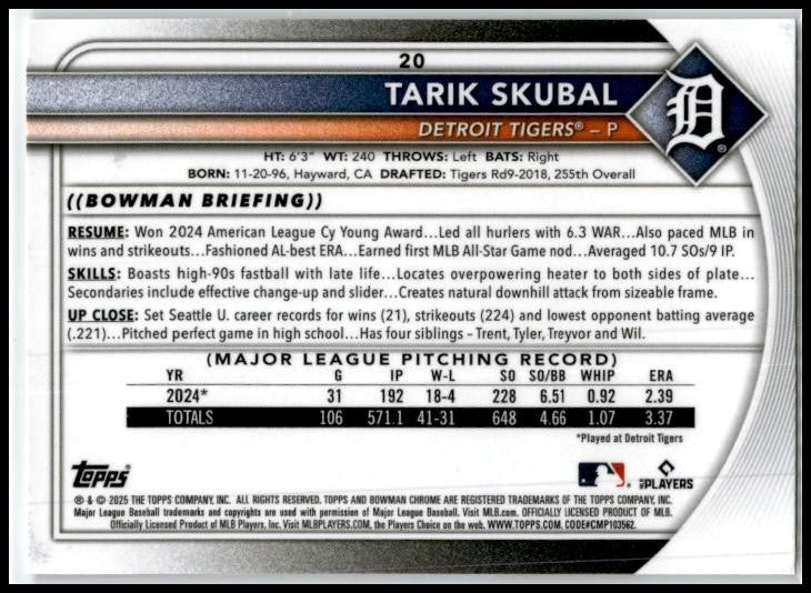 2025 Bowman Chrome Mojo #20 Tarik Skubal
