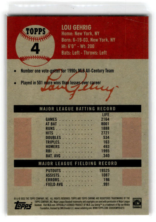 2022 Topps Chrome Platinum Anniversary #4 Lou Gehrig New York Yankees