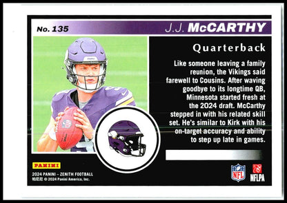 2024 Panini Zenith #135 J.J. McCarthy Rookie Minnesota Vikings