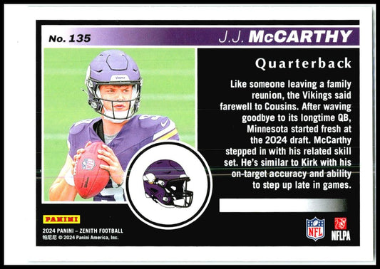 2024 Panini Zenith #135 J.J. McCarthy Rookie Minnesota Vikings