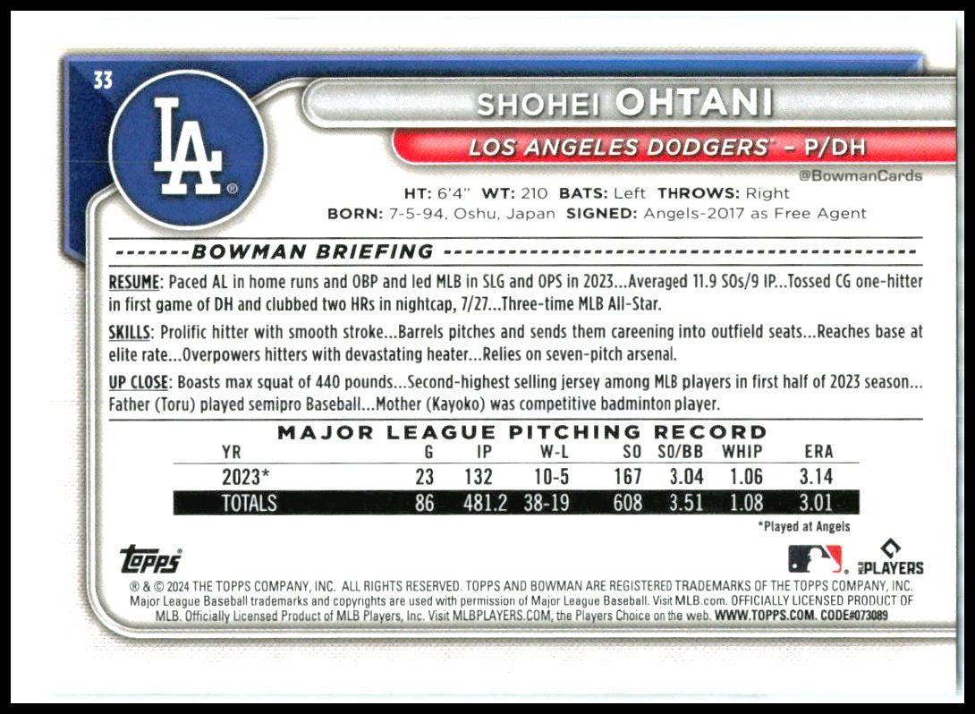 2024 Bowman #33 Shohei Ohtani Los Angeles Dodgers