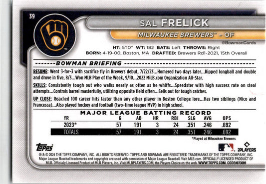 2024 Bowman #39 Sal Frelick Rookie Milwaukee Brewers