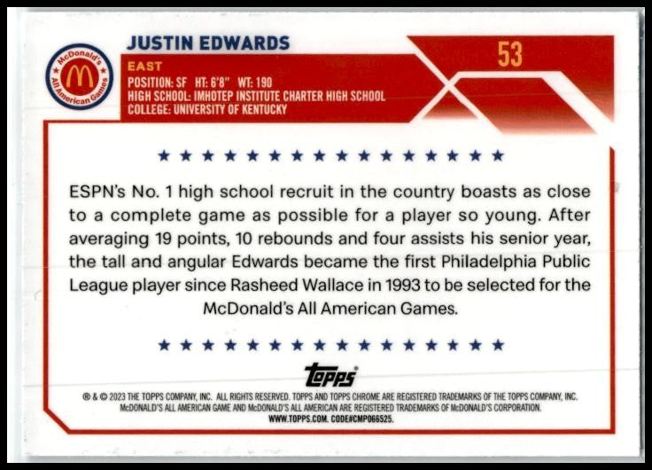 2023 Topps Chrome McDonald's All American RayWave #53 Justin Edwards