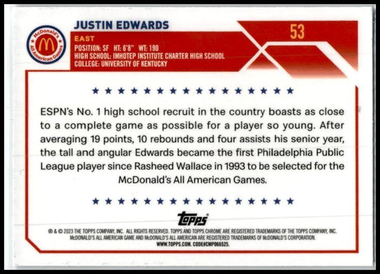 2023 Topps Chrome McDonald's All American RayWave #53 Justin Edwards
