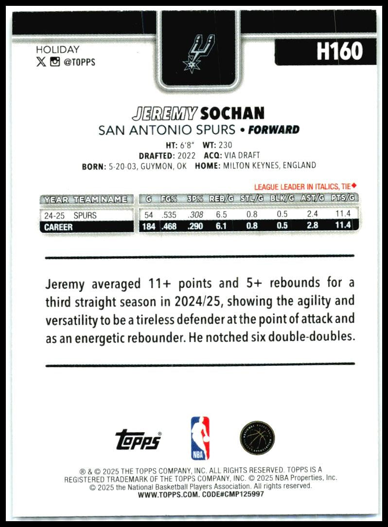 2025-26 Topps Holiday Glitter Holiday #H160 Jeremy Sochan San Antonio Spurs