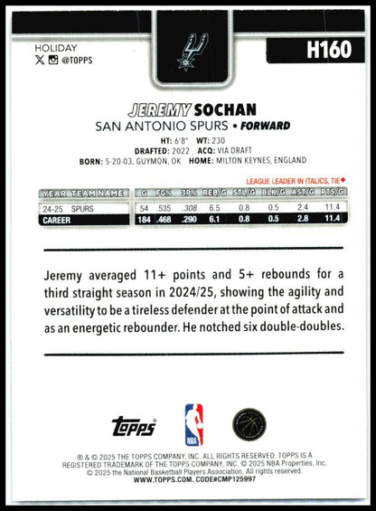 2025-26 Topps Holiday Glitter Holiday #H160 Jeremy Sochan San Antonio Spurs
