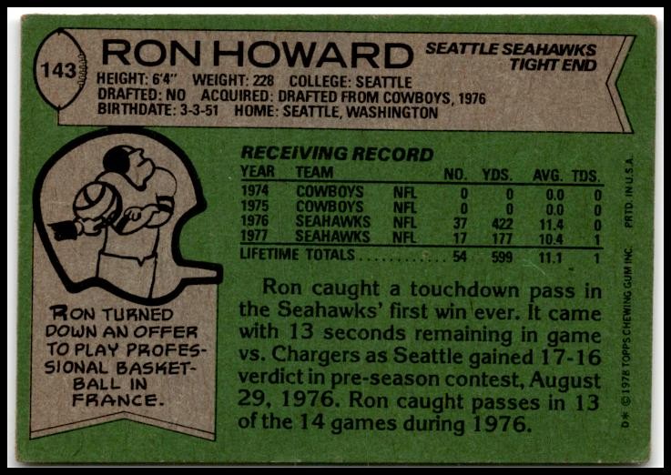 1978 Topps #143 Ron Howard Seattle Seahawks