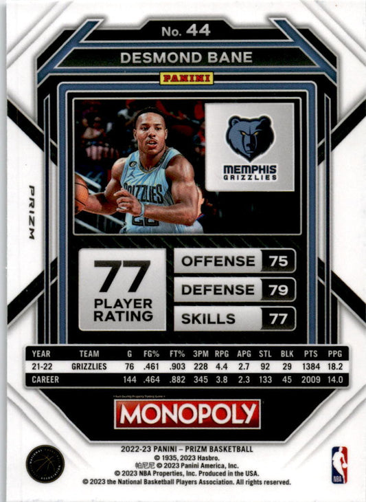 2022 Prizm Monopoly Black Monopoly #44 Desmond Bane Memphis Grizzlies