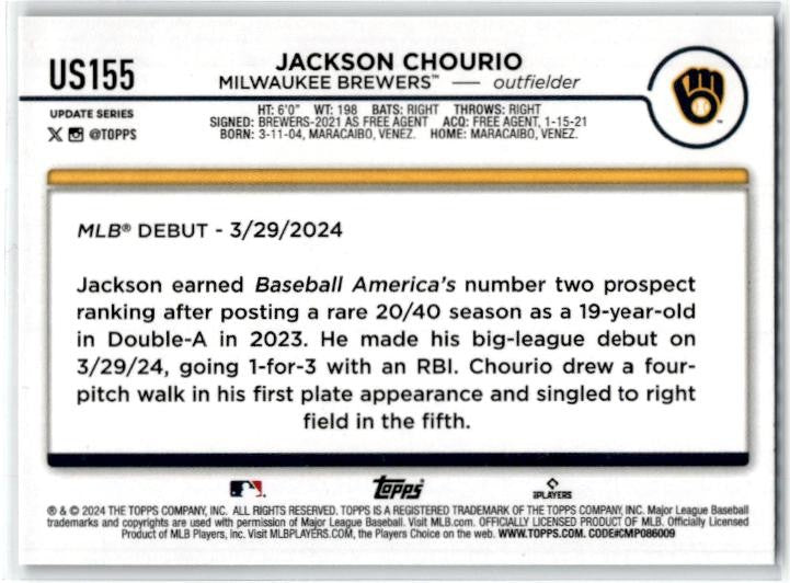 2024 Topps Update #US155 Jackson Chourio Milwaukee Brewers