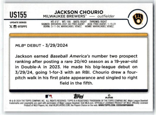 2024 Topps Update #US155 Jackson Chourio Milwaukee Brewers