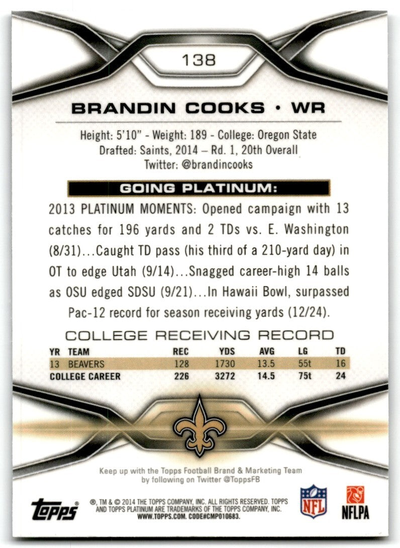 2014 Topps Platinum  X-Fractor Brandin Cooks Rookie New Orleans Saints #138
