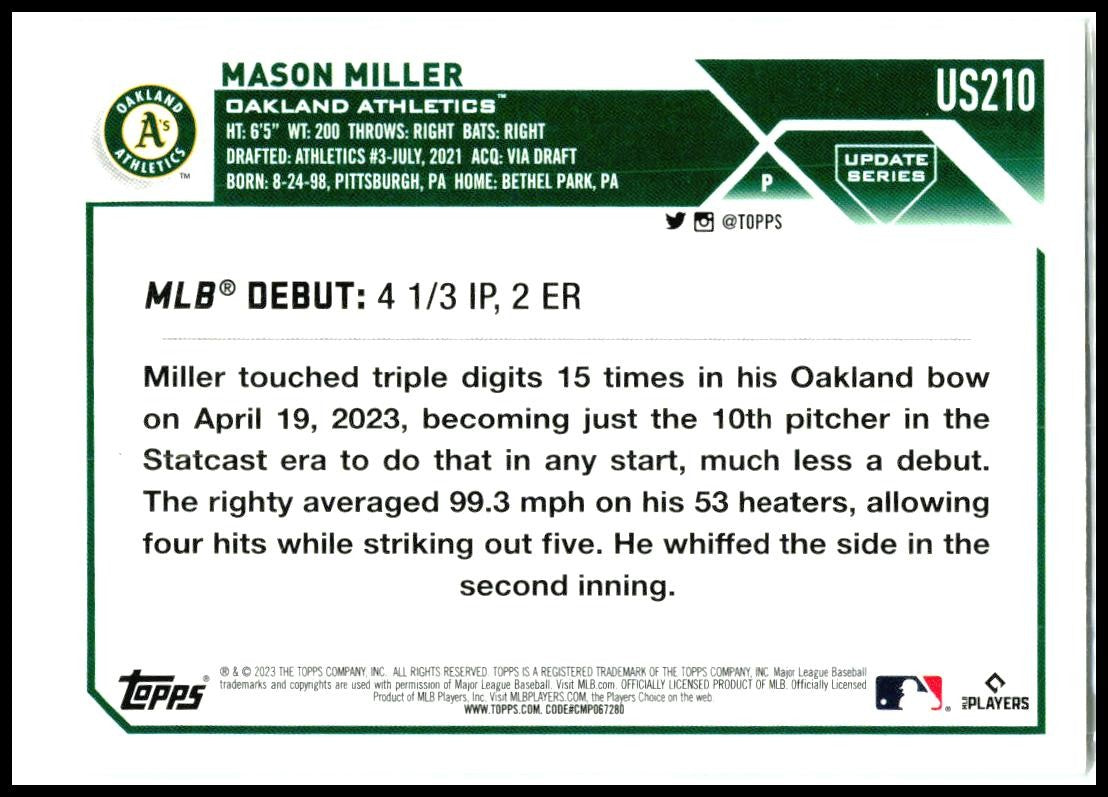 2023 Topps Update #US210 Mason Miller Oakland Athletics