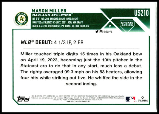 2023 Topps Update #US210 Mason Miller Oakland Athletics