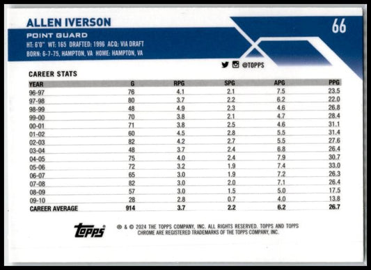 2023-24 Topps Chrome #66 Allen Iverson Philadelphia 76ers