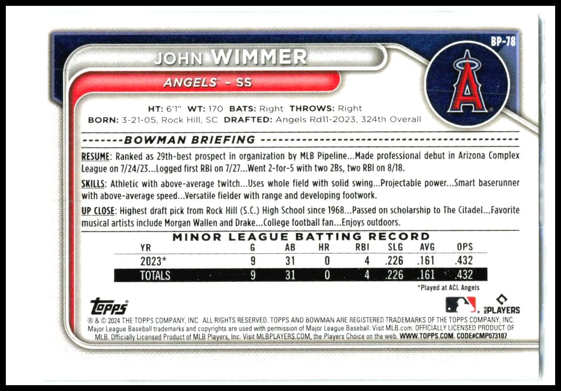 2024 Bowman #BP-78 John Wimmer Los Angeles Angels