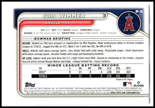 2024 Bowman #BP-78 John Wimmer Los Angeles Angels