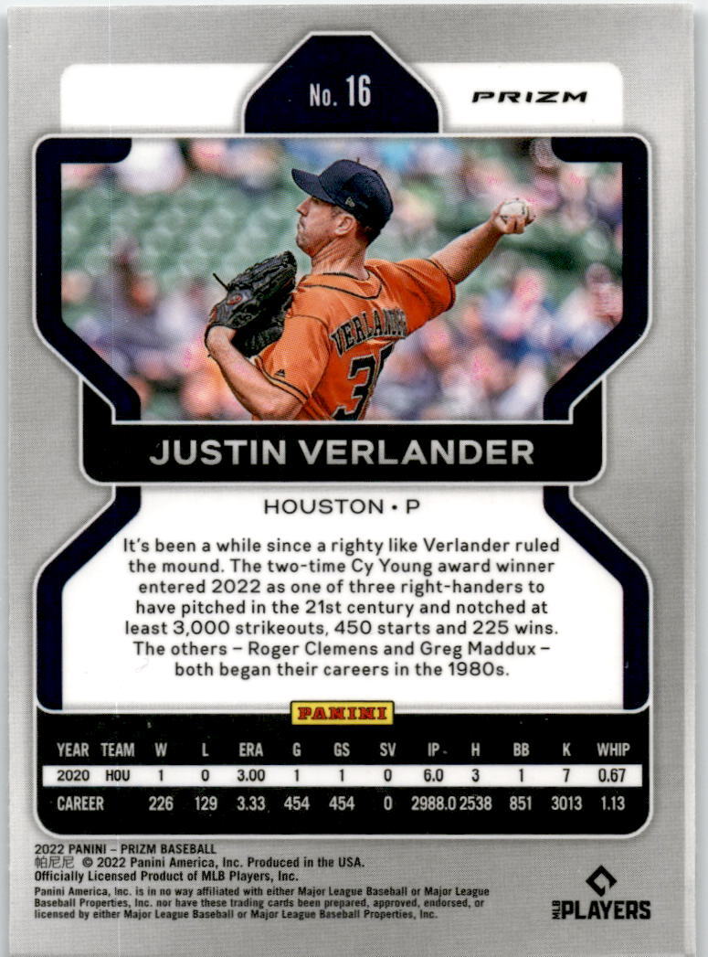 2022 Panini Prizm Silver Prizm #16 Justin Verlander Houston Astros