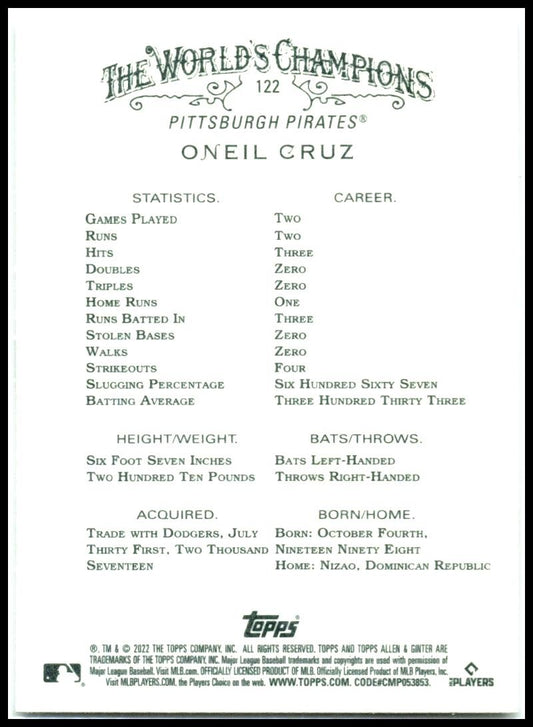 2022 Topps Allen & Ginter #122 Oneil Cruz Rookie Pittsburgh Pirates