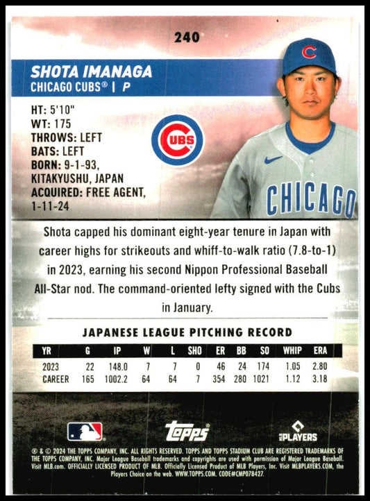 2024 Stadium Club Pink Foil #240 Shota Imanaga Chicago Cubs