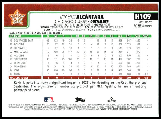 2025 Topps Holiday Back Variations #H109b Kevin Alcántara Chicago Cubs
