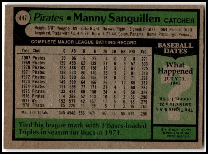 1979 Topps #447 Manny Sanguillen Pittsburgh Pirates