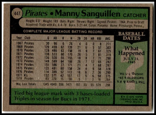 1979 Topps #447 Manny Sanguillen Pittsburgh Pirates